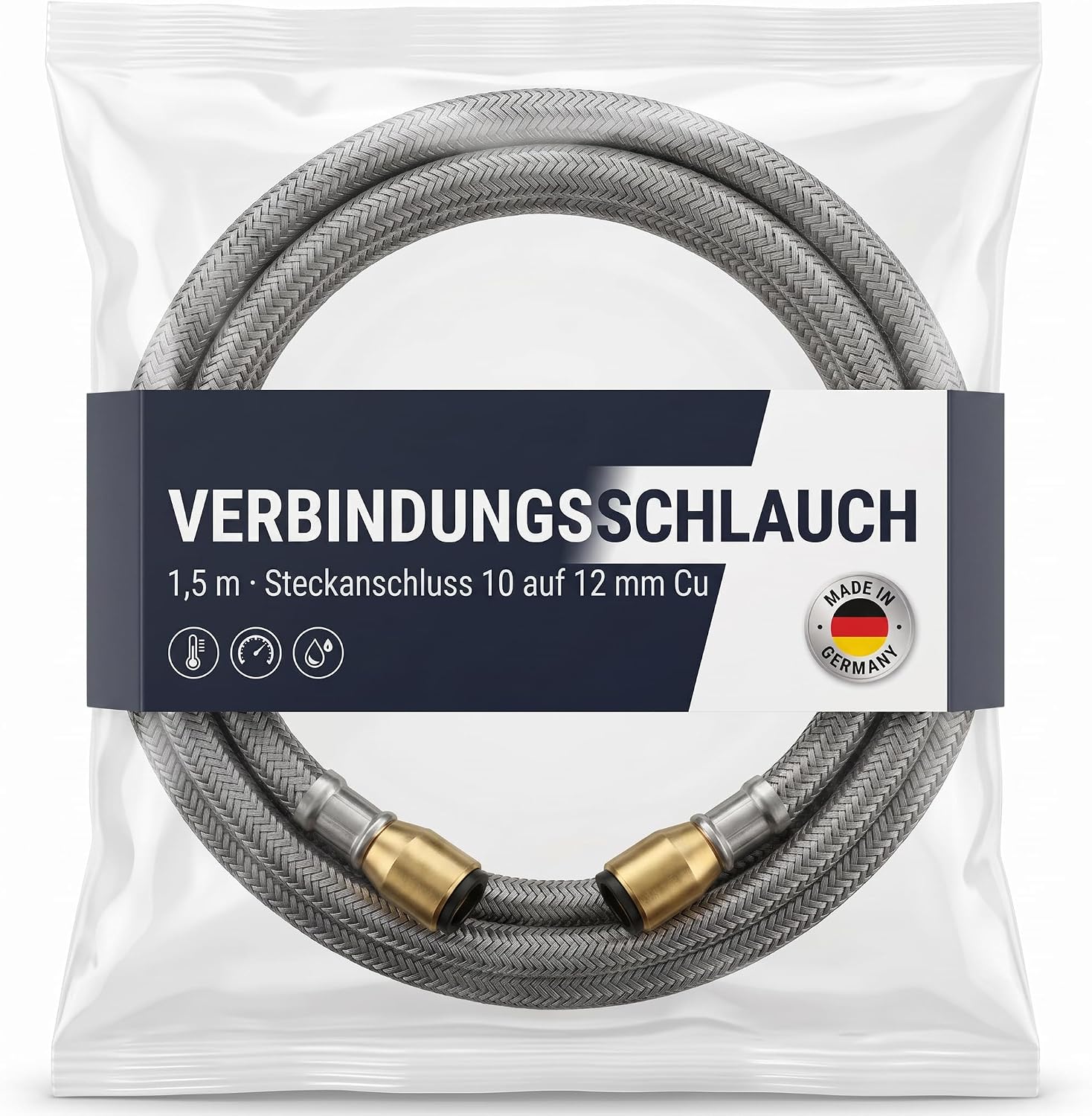 Verbindungsschlauch 1,5 m mit Steckanschluss 10 auf 12 mm für Kupferrohr